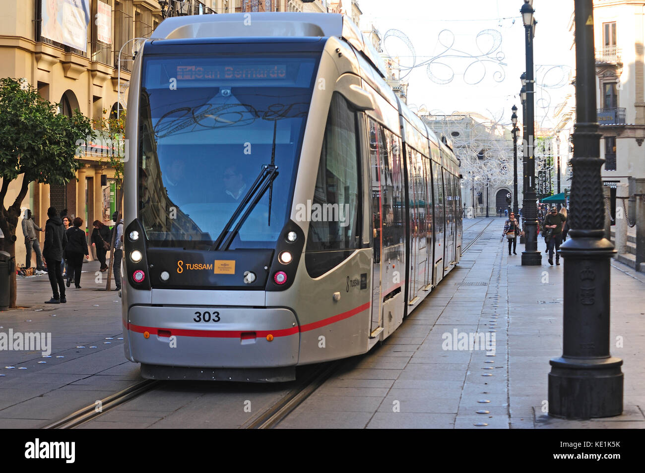 tram car on Avenue de la Constitution, Seville, Andalusia, Spain Stock Photo