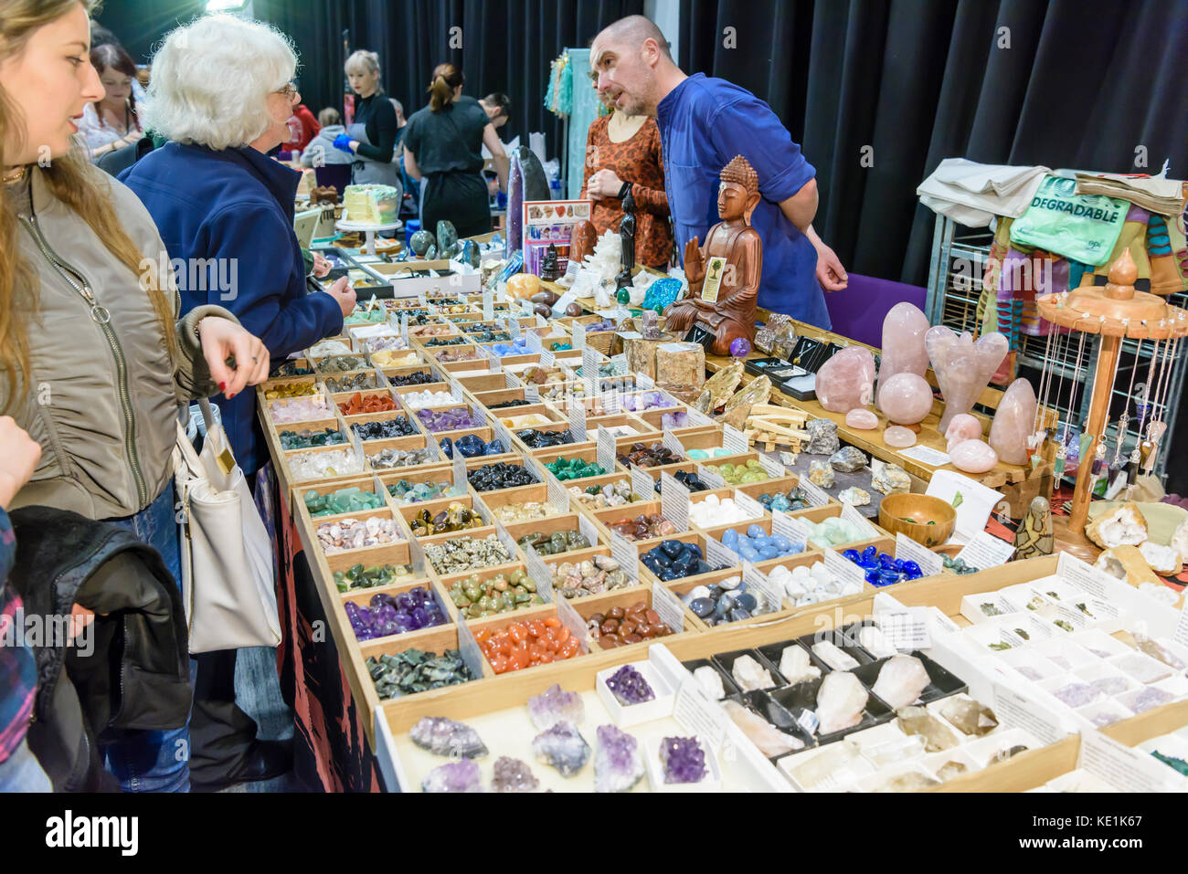A stall at a vegan festival selling rocks, crystals and minerals with