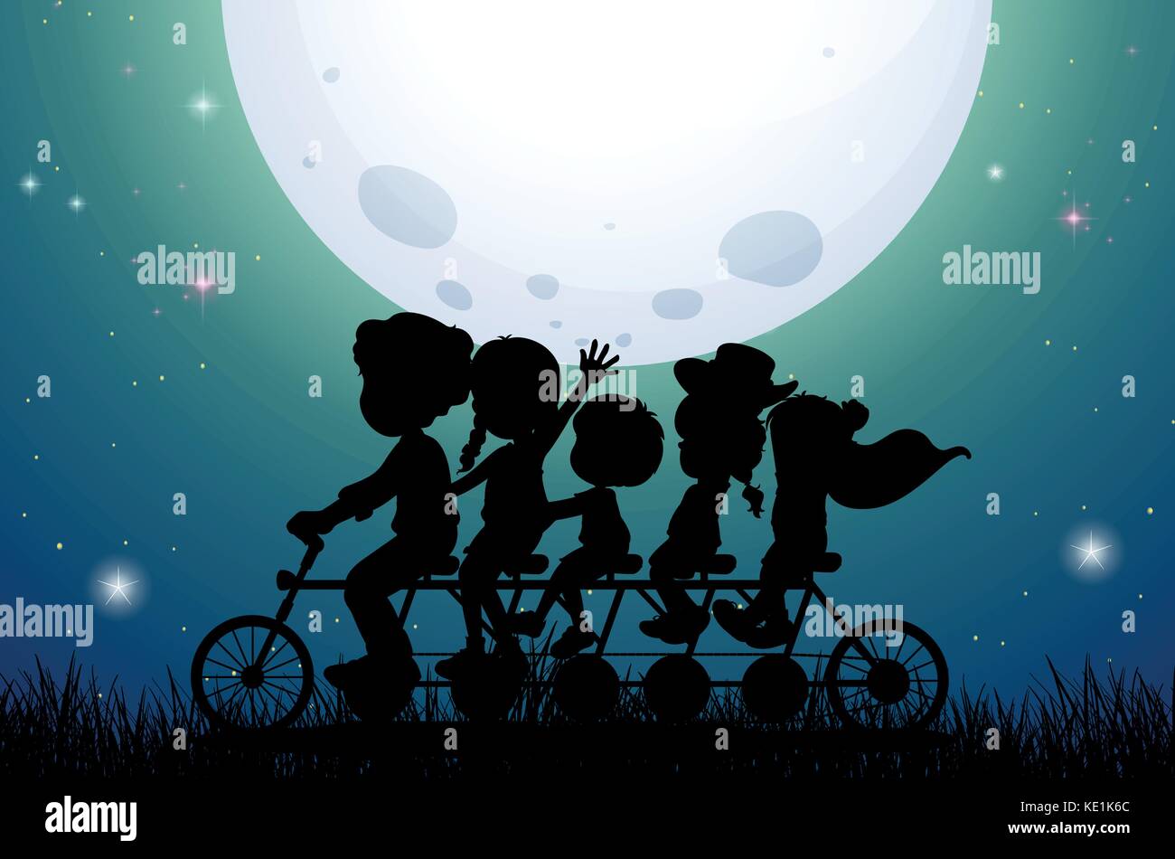 Silhouette people riding bike at night illustration Stock Vector