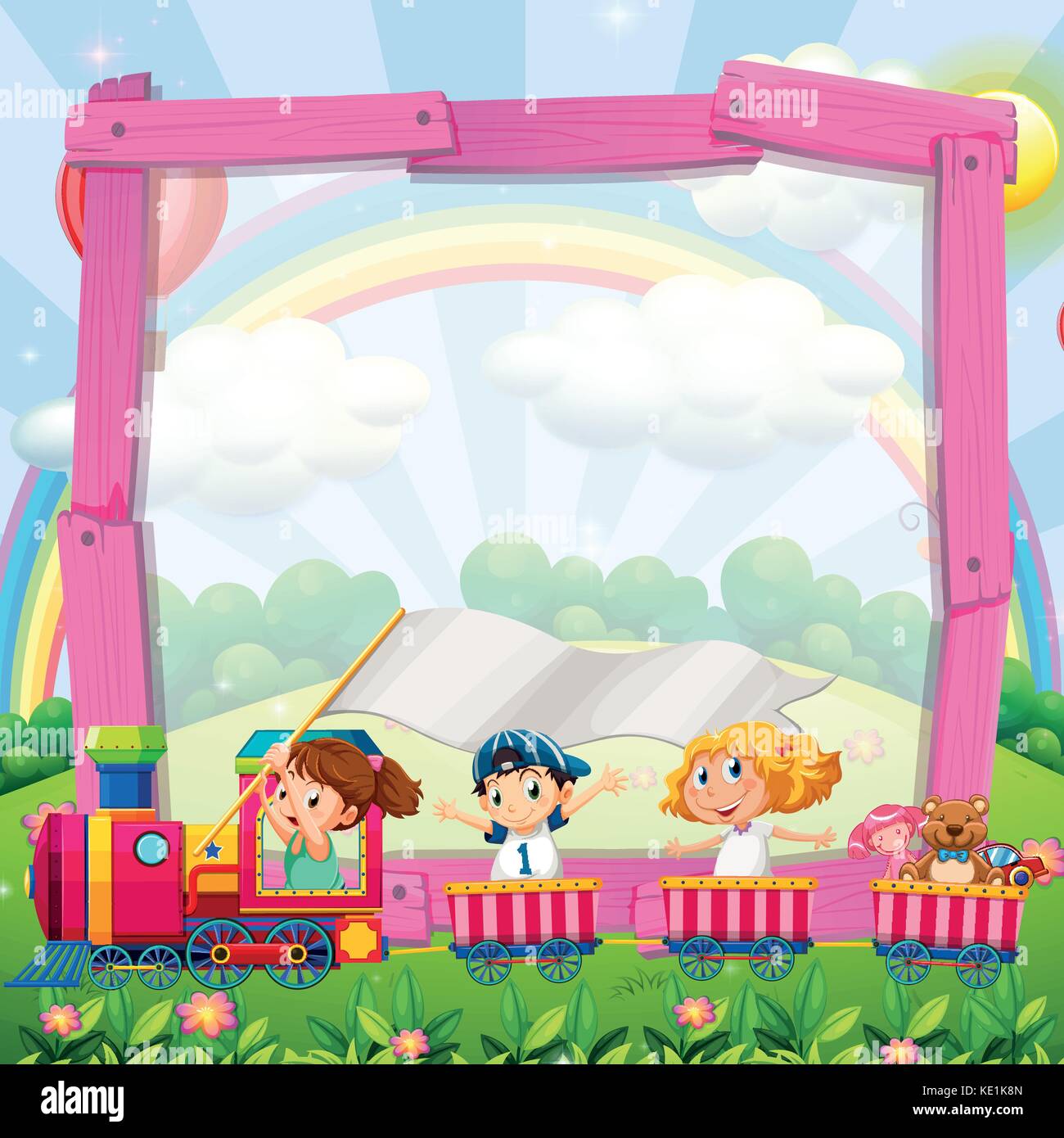 Border design with children on the train illustration Stock Vector
