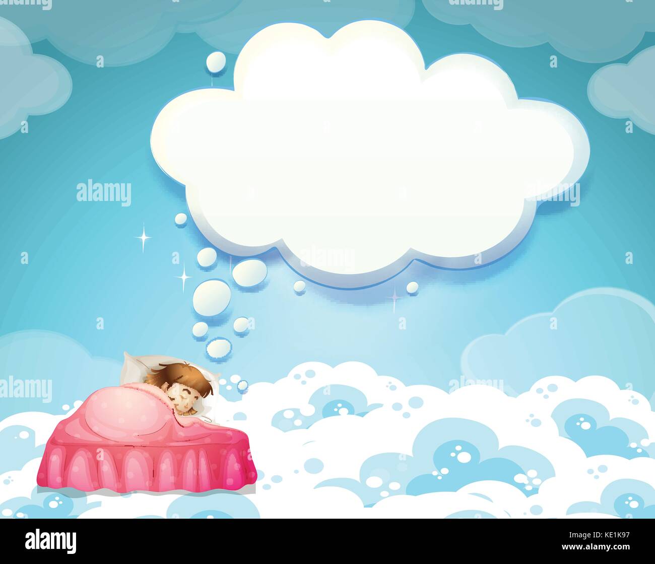 Girl sleeping in bed with clouds background illustration Stock Vector ...