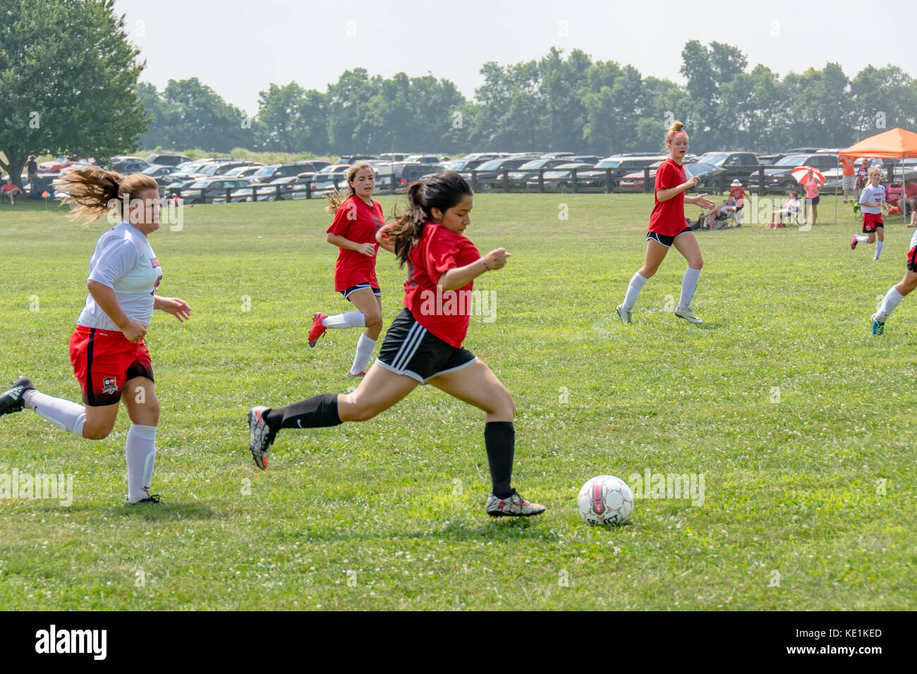 American High School Teenage Girls Playing Soccer In A Game Tournament Stock Photo Alamy