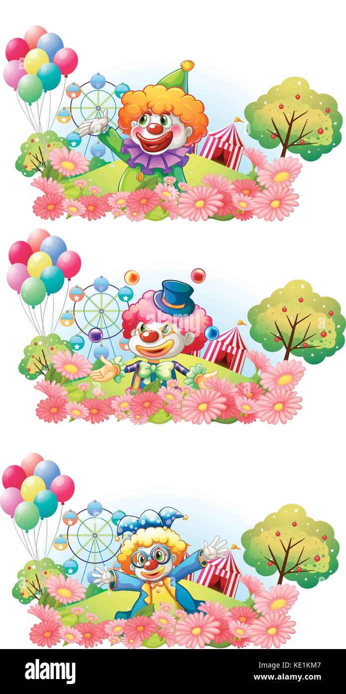 Three scenes of clown smiling in the garden illustration Stock Vector ...