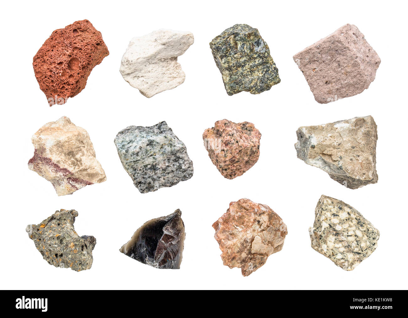 isolated igneous rock geology collection including from top left: scoria, pumice, gabbro, tuff, rhyolite, diorite, granite, andesite, basalt, obsidian Stock Photo