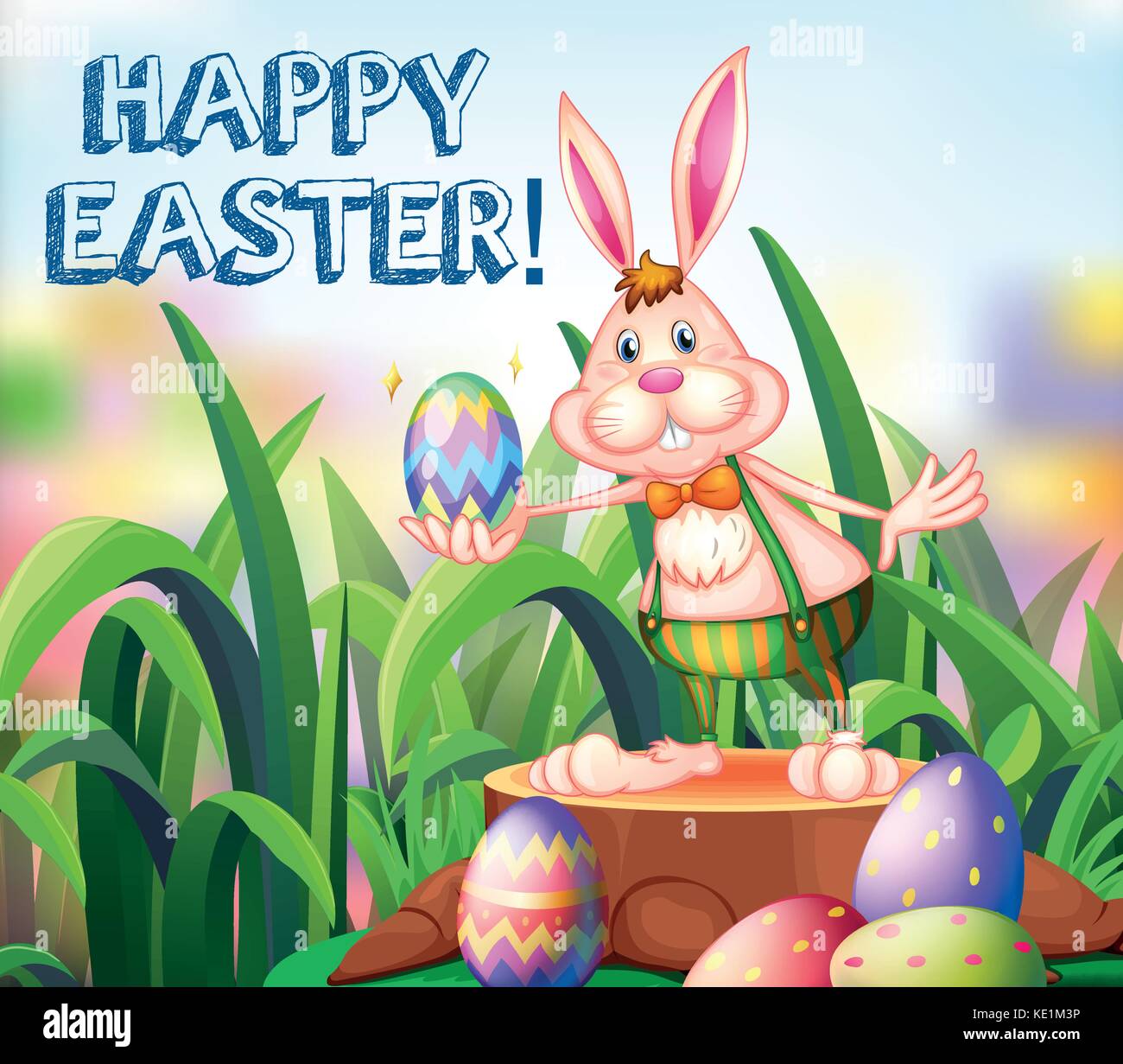 Easter bunny and decorated eggs in the garden illustration Stock Vector ...