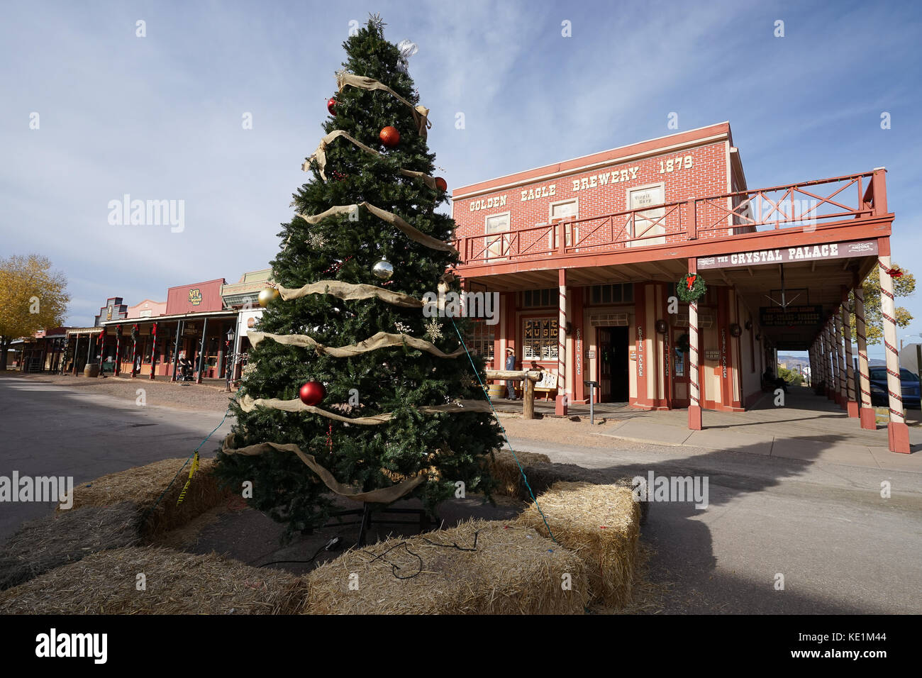 December 9, 2015 Tombstone, Arizona, USA: Christmas tree set up  on the main street of the historic western town founded in 1879 Stock Photo