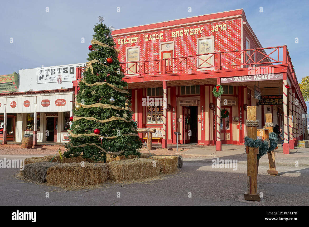 December 9, 2015 Tombstone, Arizona, USA: Christmas tree set up  on the main street of the historic western town founded in 1879 Stock Photo