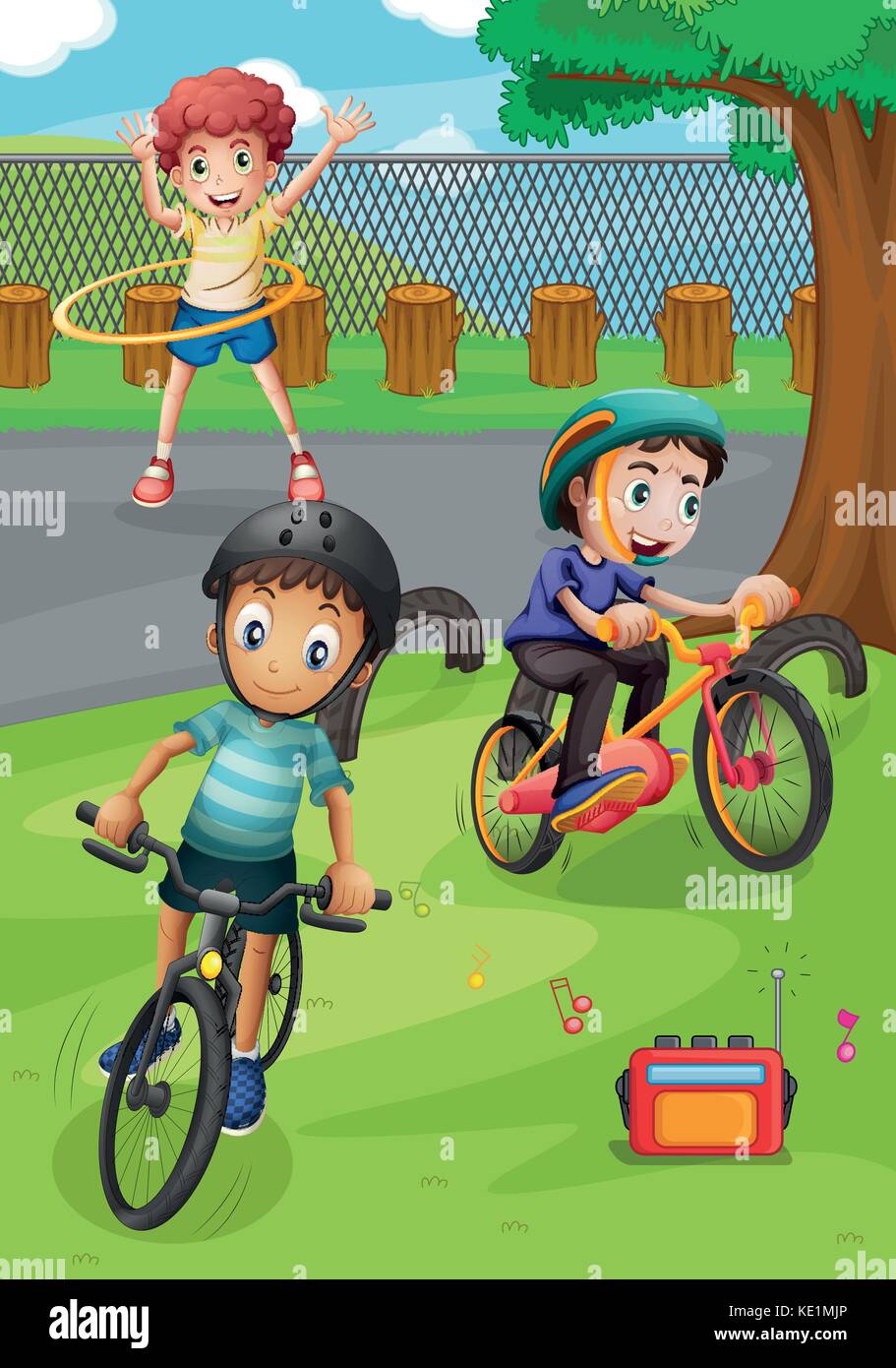 Boys riding bike and exercising in the park illustration Stock Vector ...