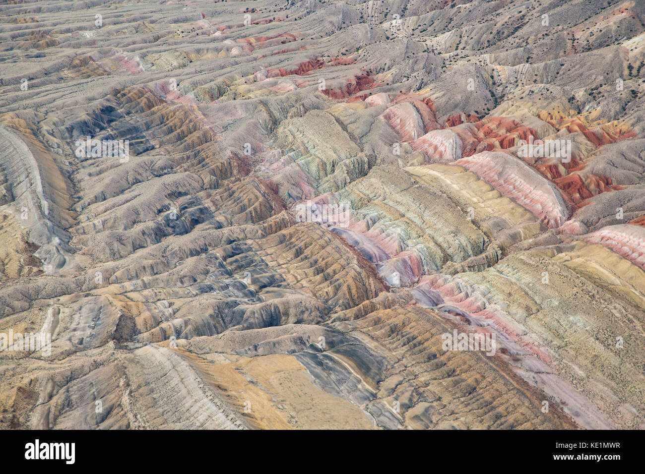 Aerial view of the Sheep Mountain Anticline in Wyoming with layers of sedimentary rocks Stock Photo
