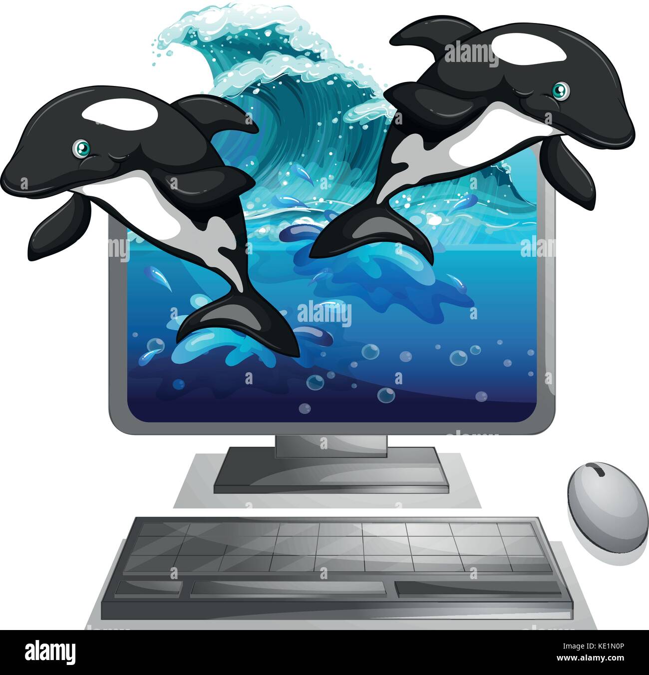 Two dolphines jumping out of computer screen illustration Stock Vector
