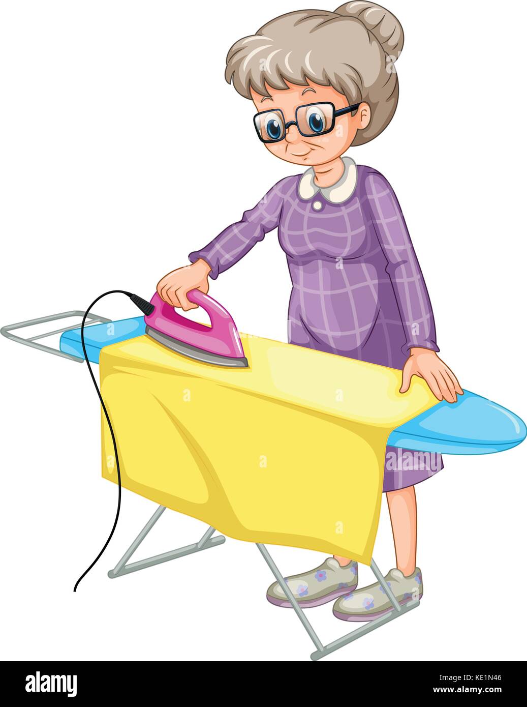 Old woman ironing clothes on ironing board Stock Vector
