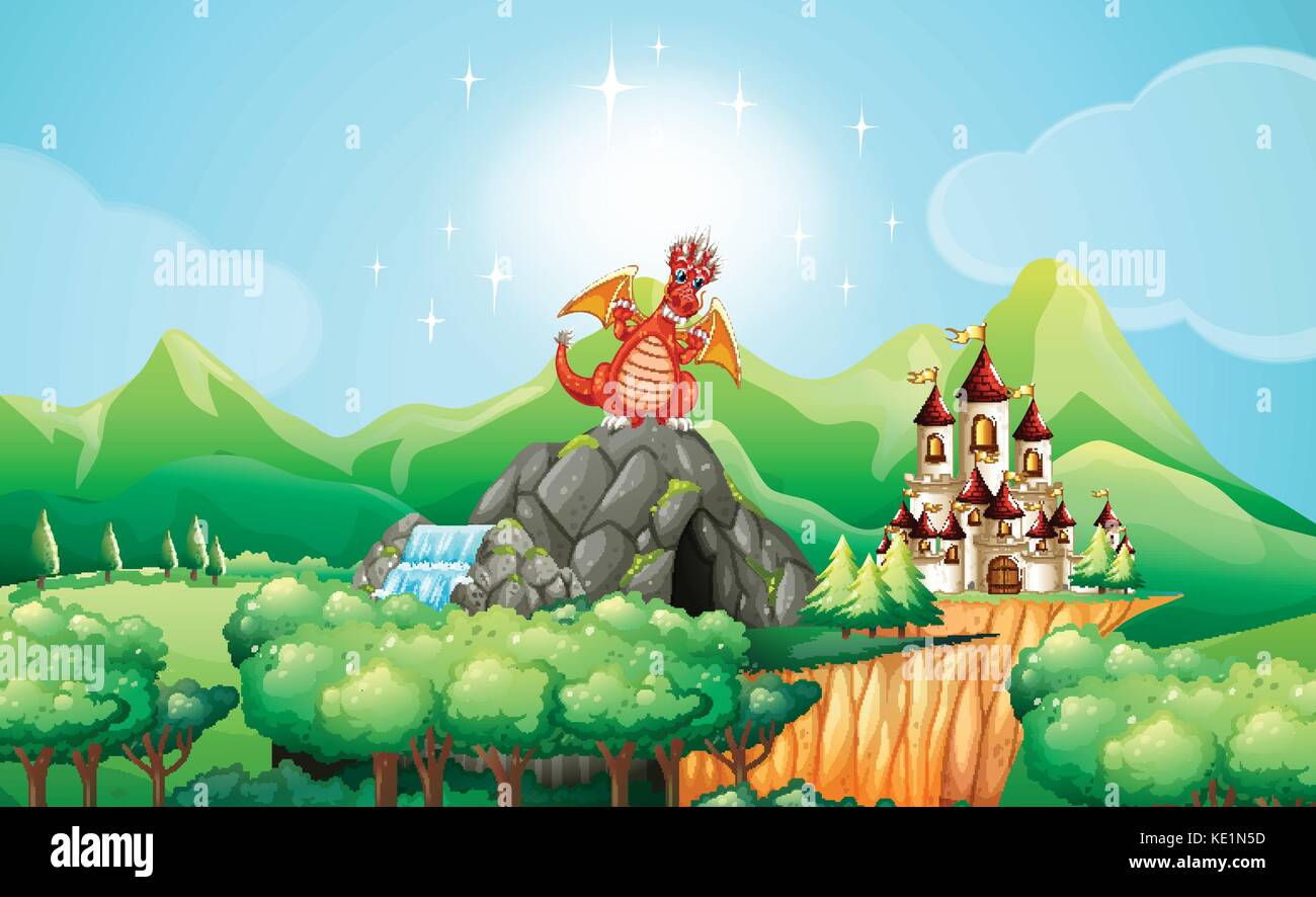 Dragon on the cave by the castle illustration Stock Vector Image & Art ...