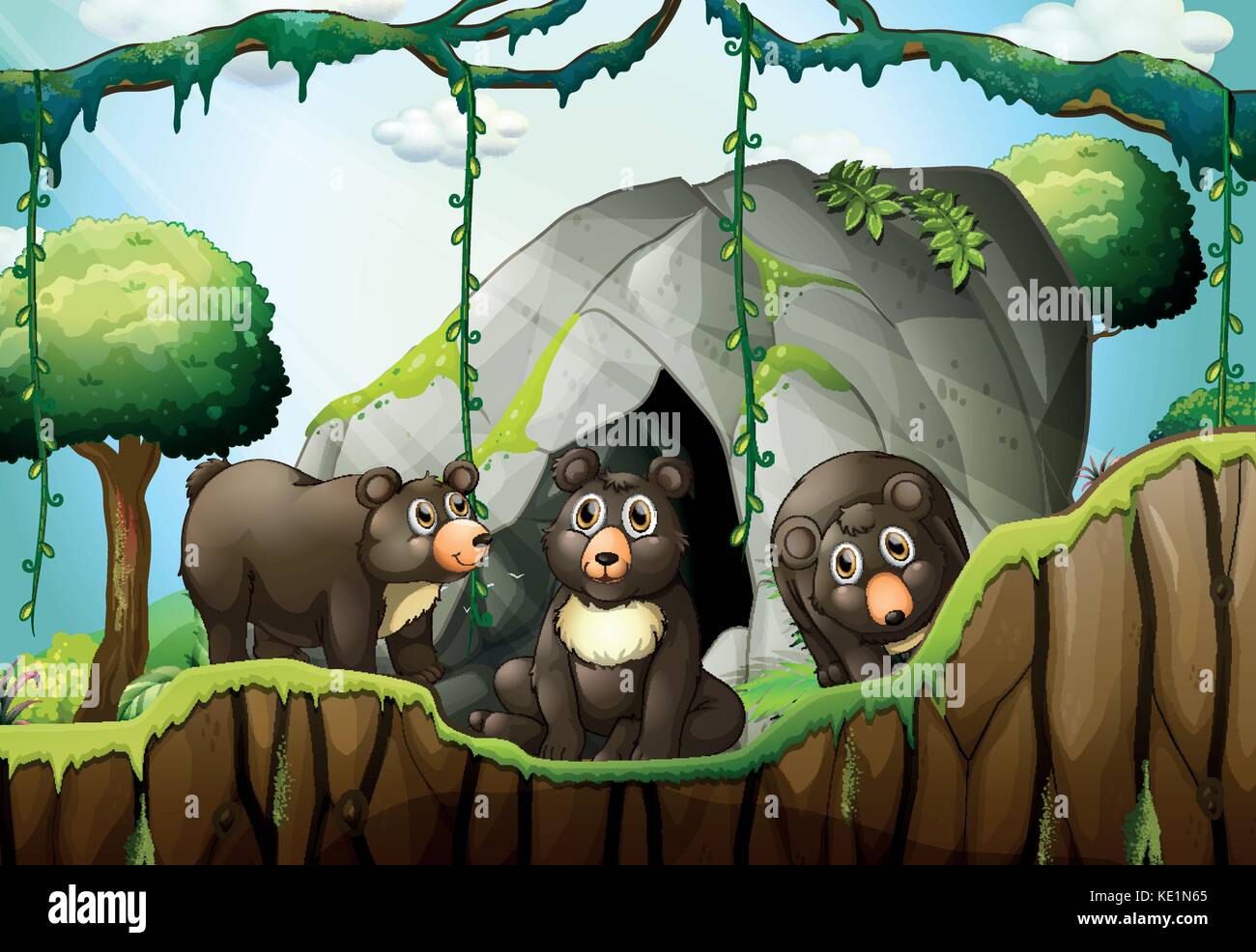 Three little bears by the cave illustration Stock Vector