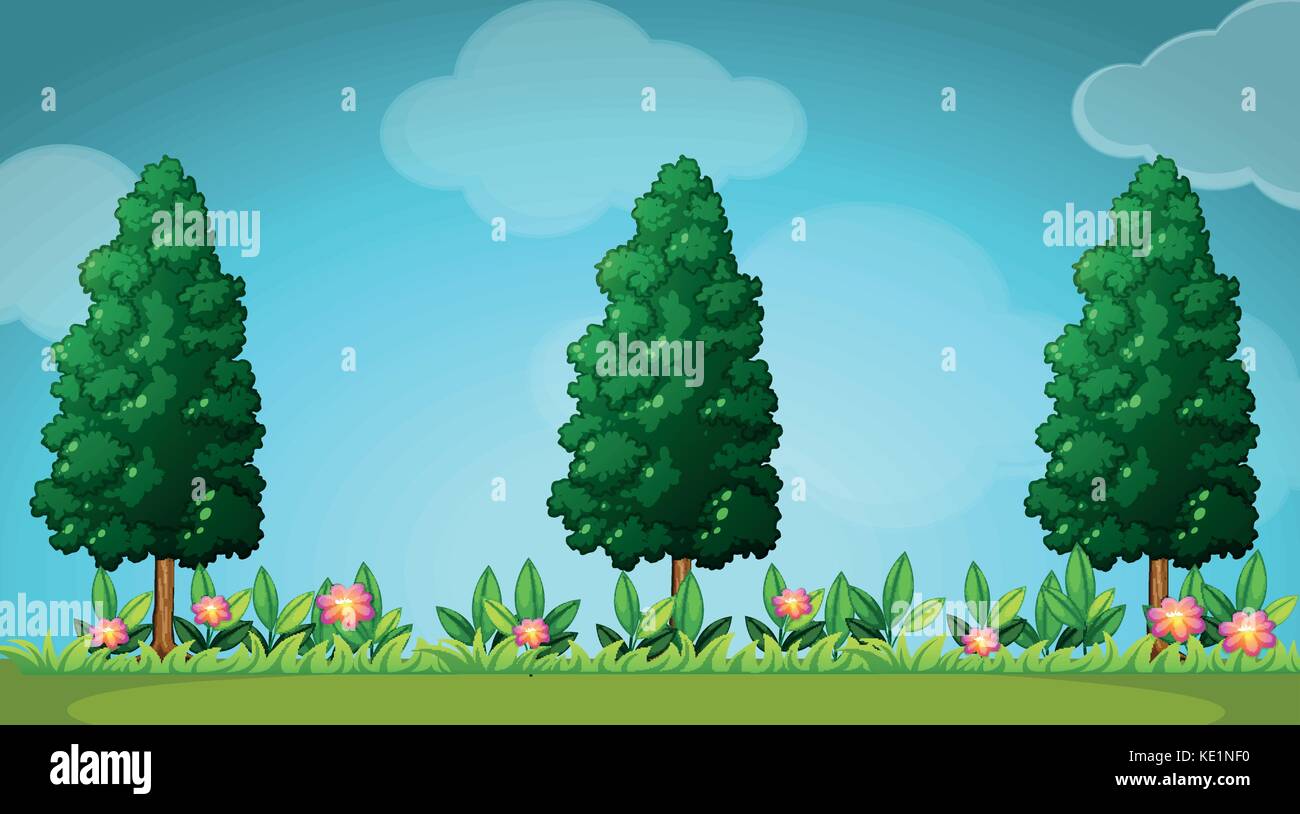 Scene with trees and flowers illustration Stock Vector Image & Art - Alamy