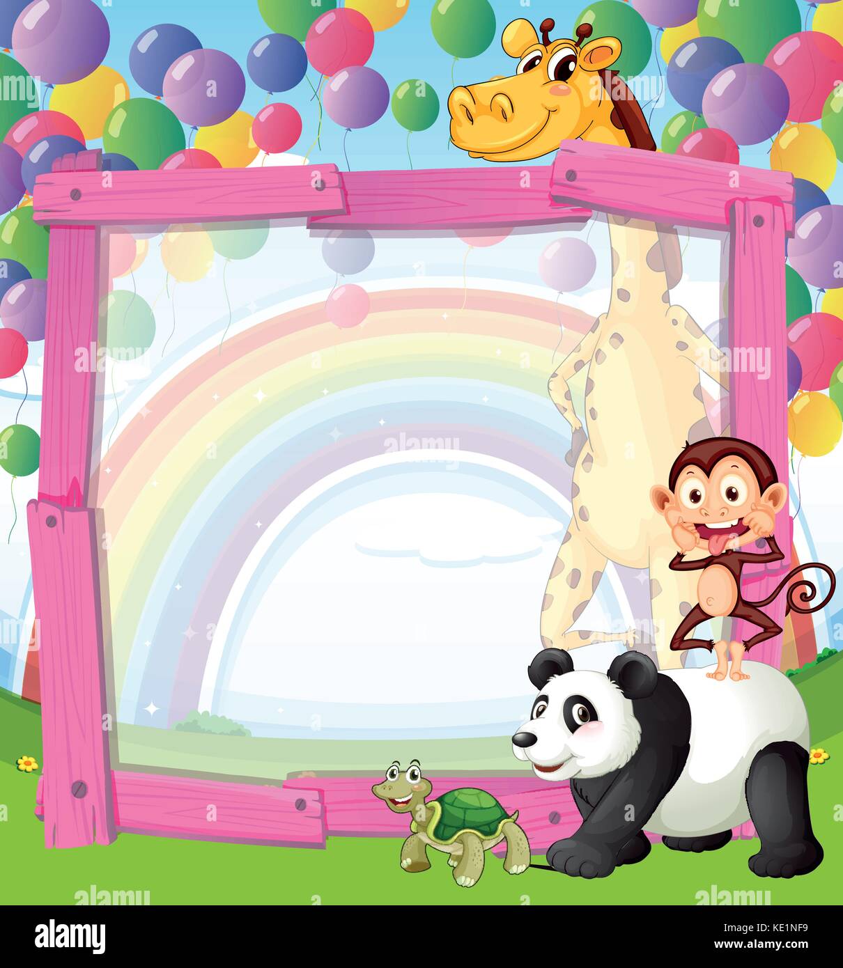 Border design with wild animals and balloons illustration Stock Vector ...