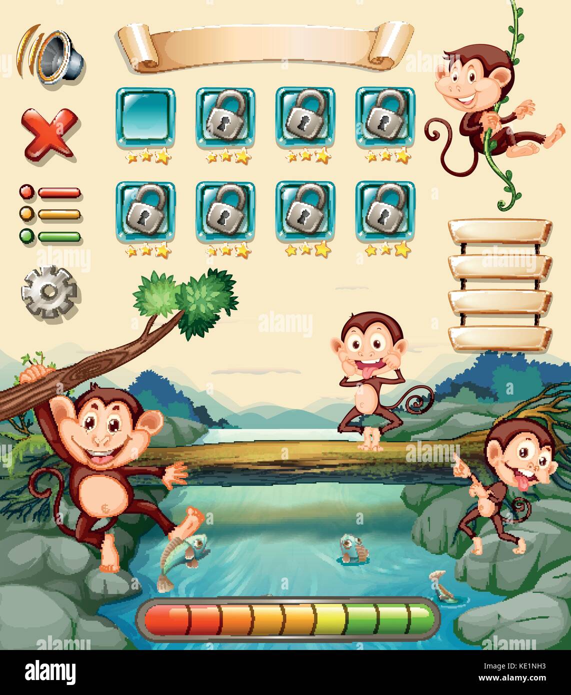 Game template with monkeys by the river illustration Stock Vector