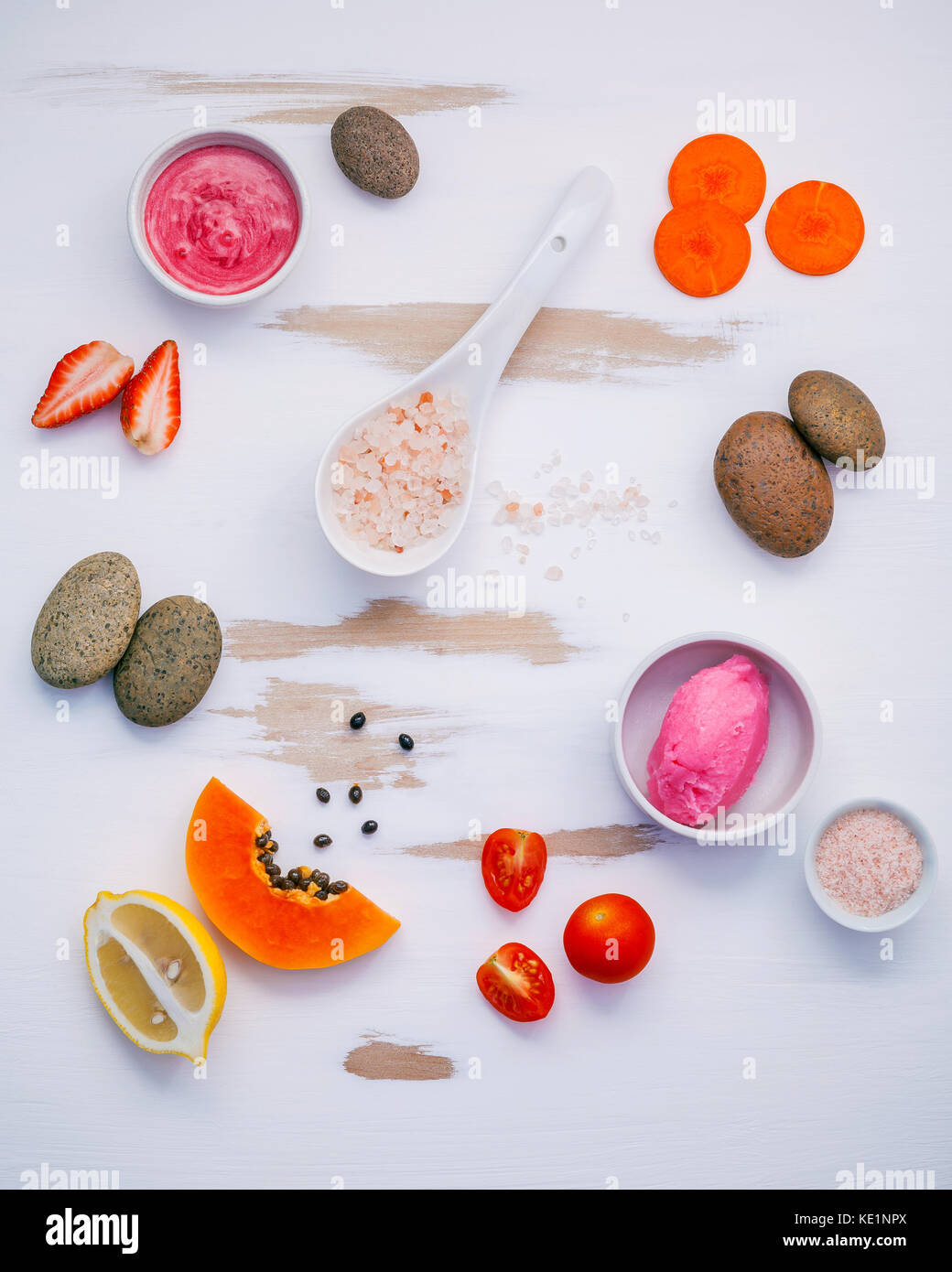 Homemade skin care and body scrubs with red natural ingredients