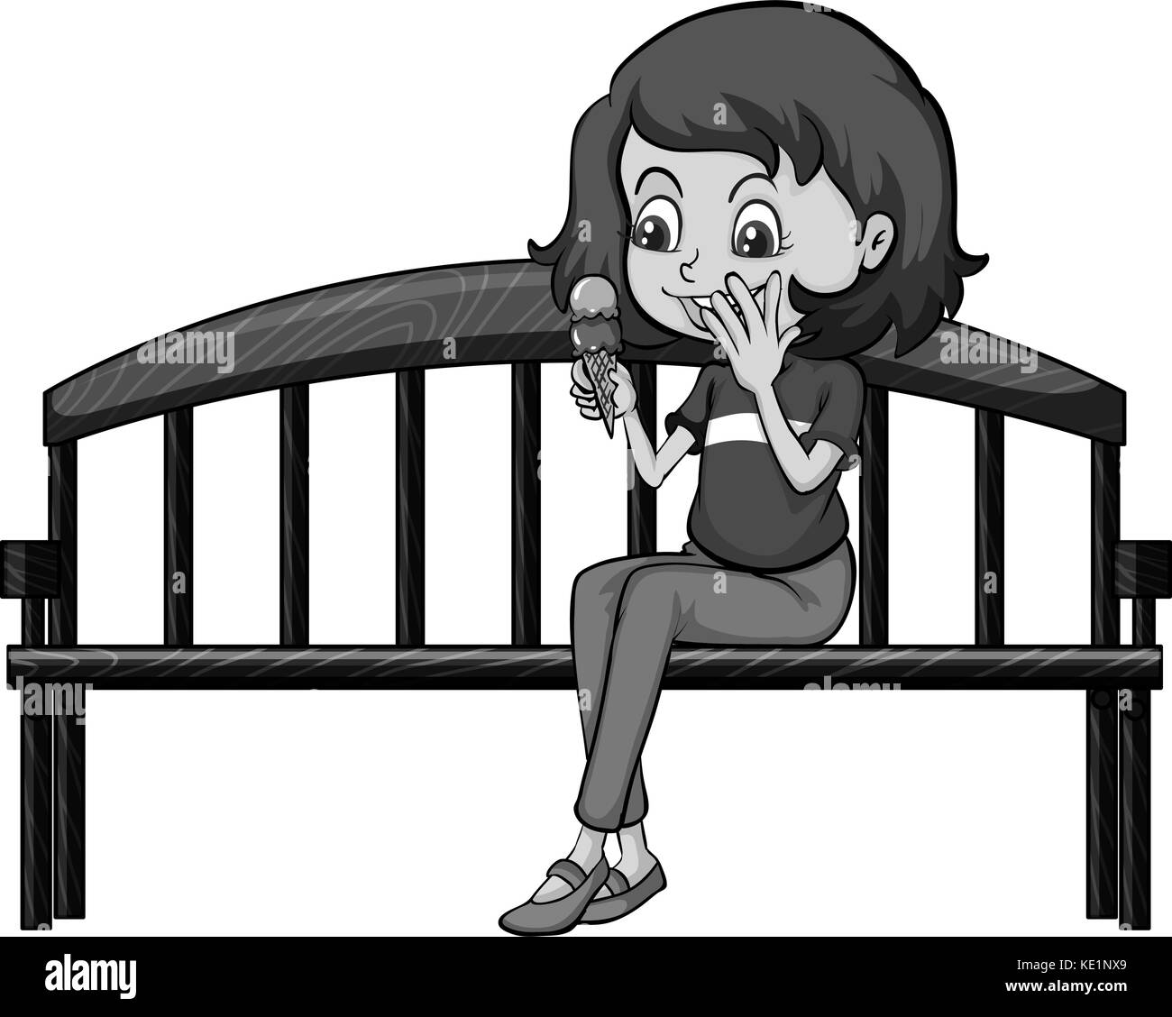 Woman sitting alone on a bench enjoying her ice cream in black and white Stock Vector