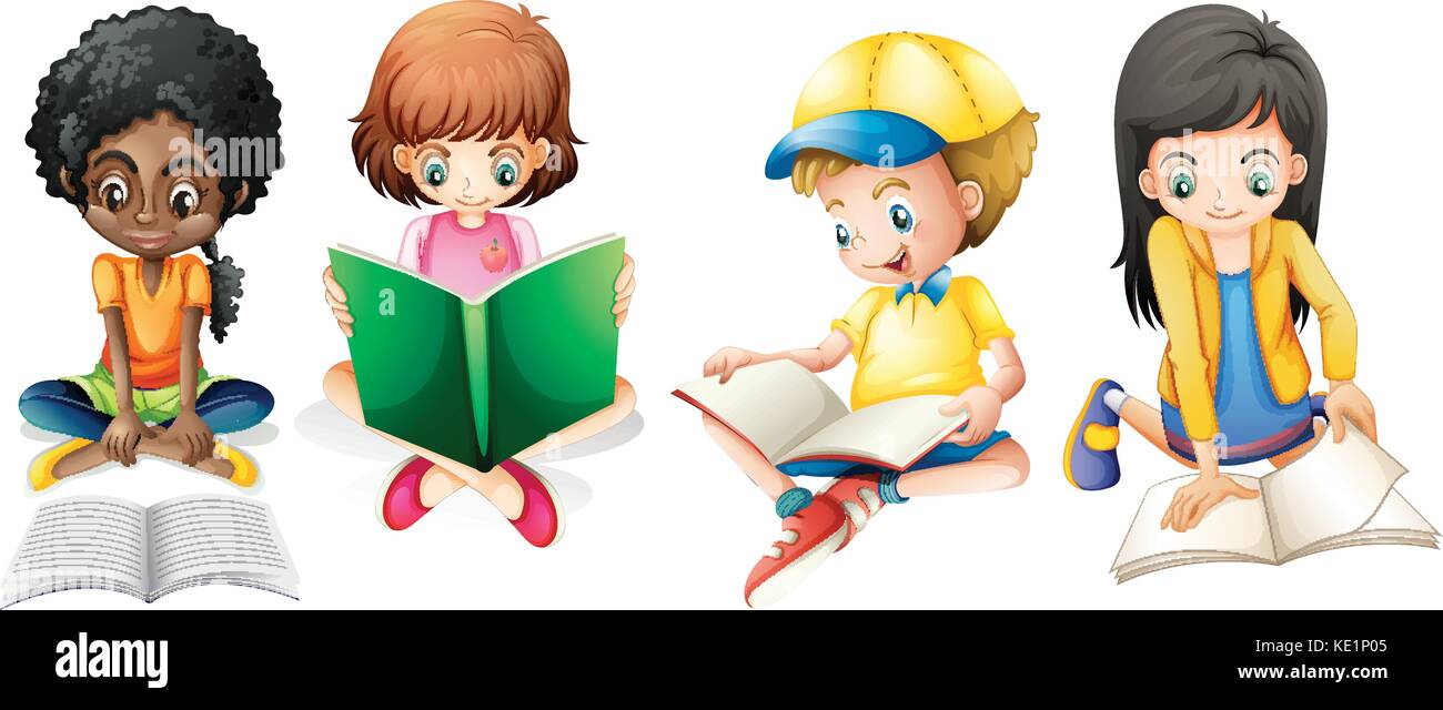 Boy and girls reading book illustration Stock Vector Image & Art - Alamy