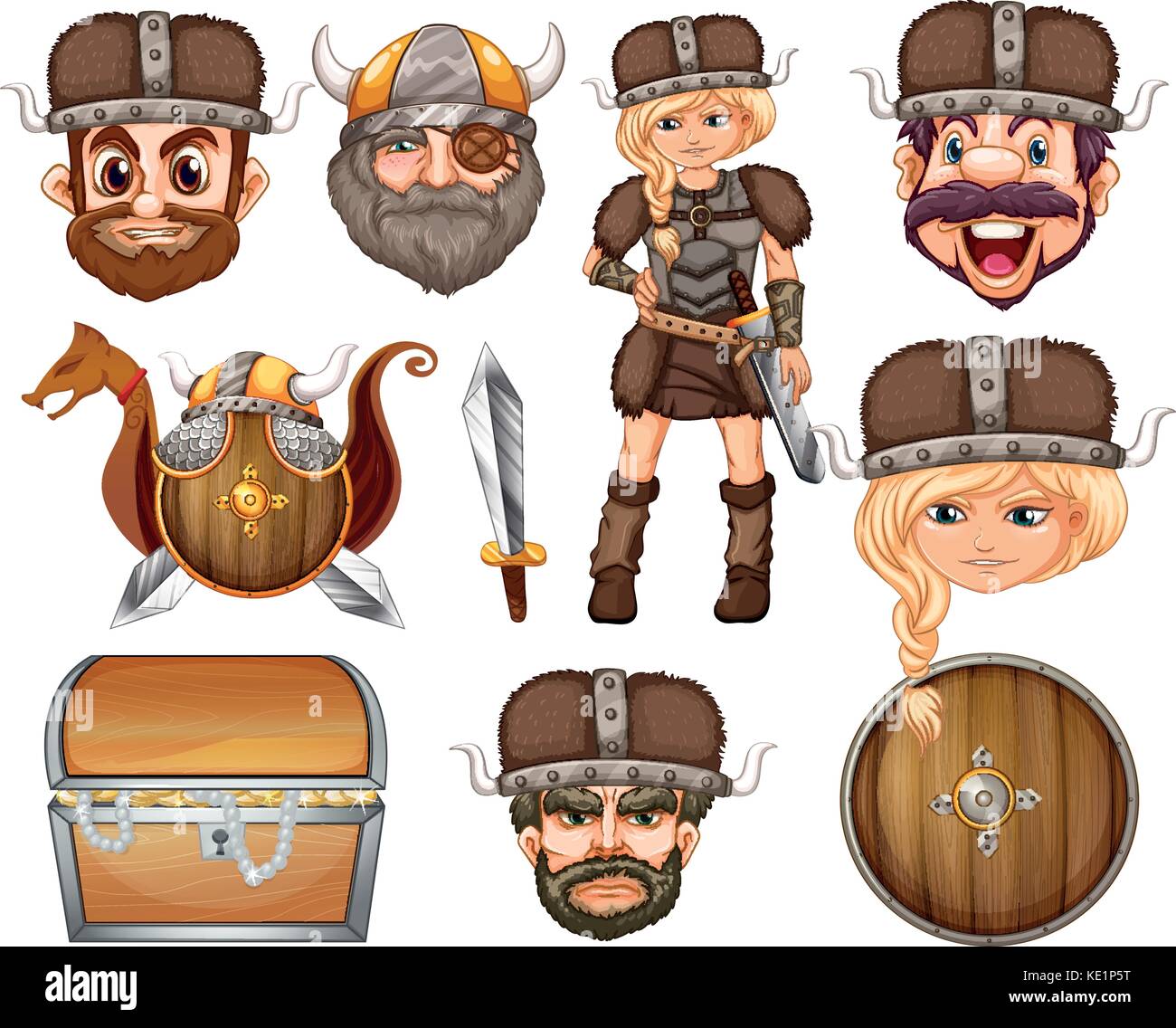 Viking heads and weapons illustration Stock Vector