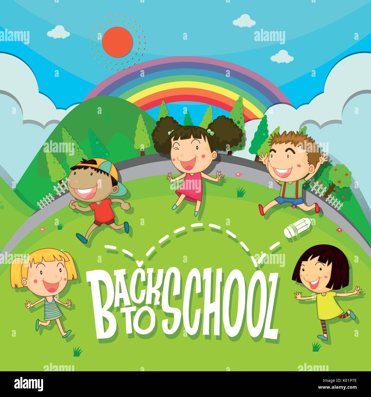 Back to school theme with children in the park illustration Stock Vector
