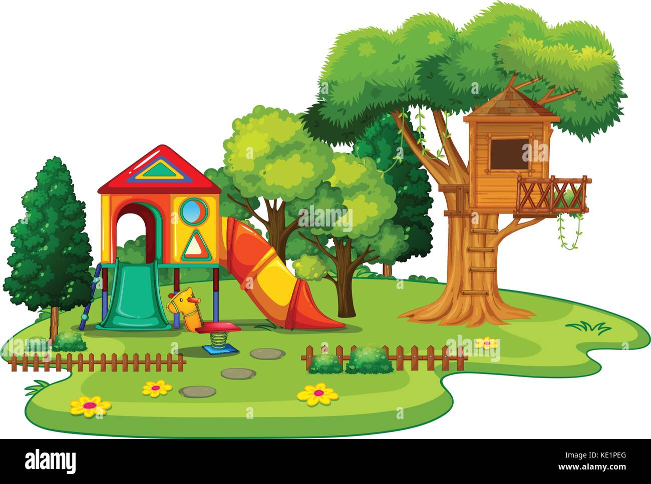 Scene of park with treehouse and slides illustration Stock Vector Image ...