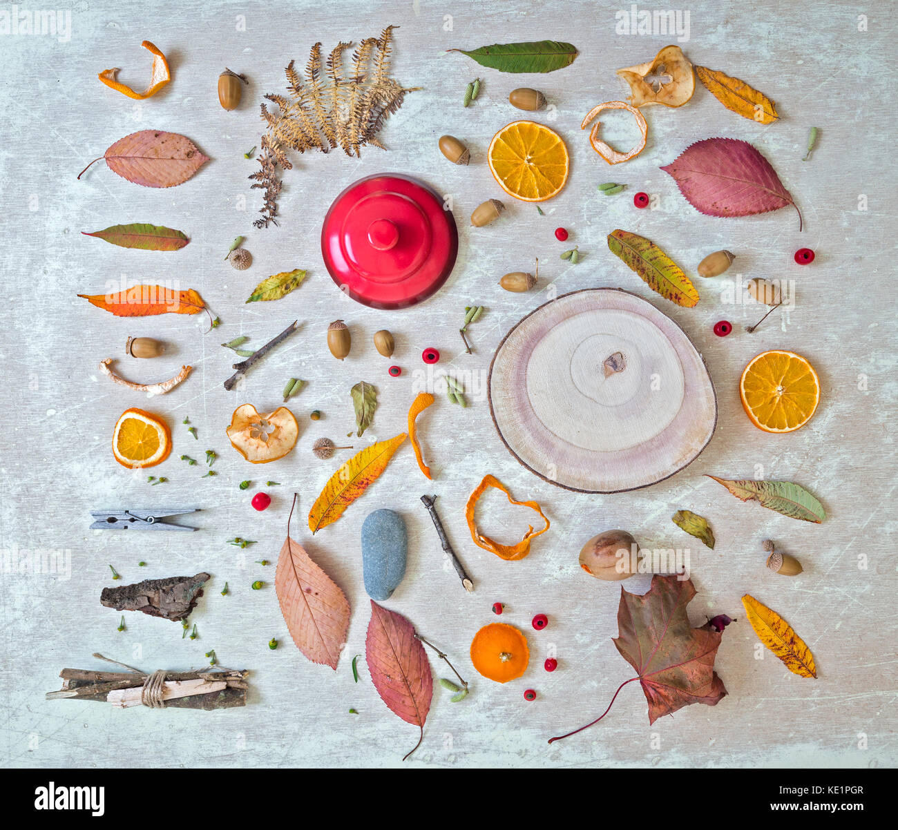 Flat Lay Autumnal Composition of Various Objects on White Scratchy Background Stock Photo