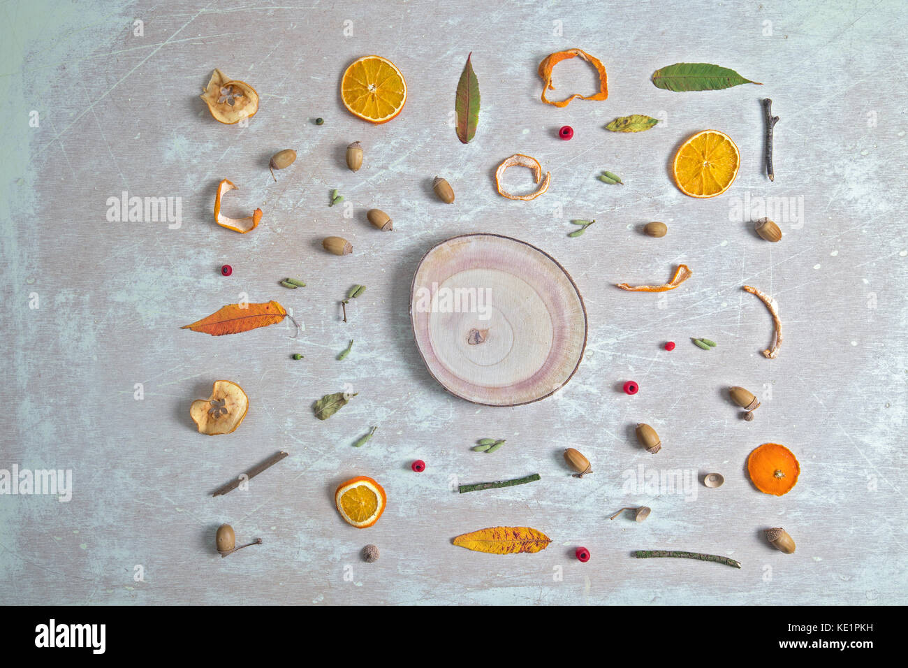Mixed Autumnal Objects Flat Lay Composition Stock Photo