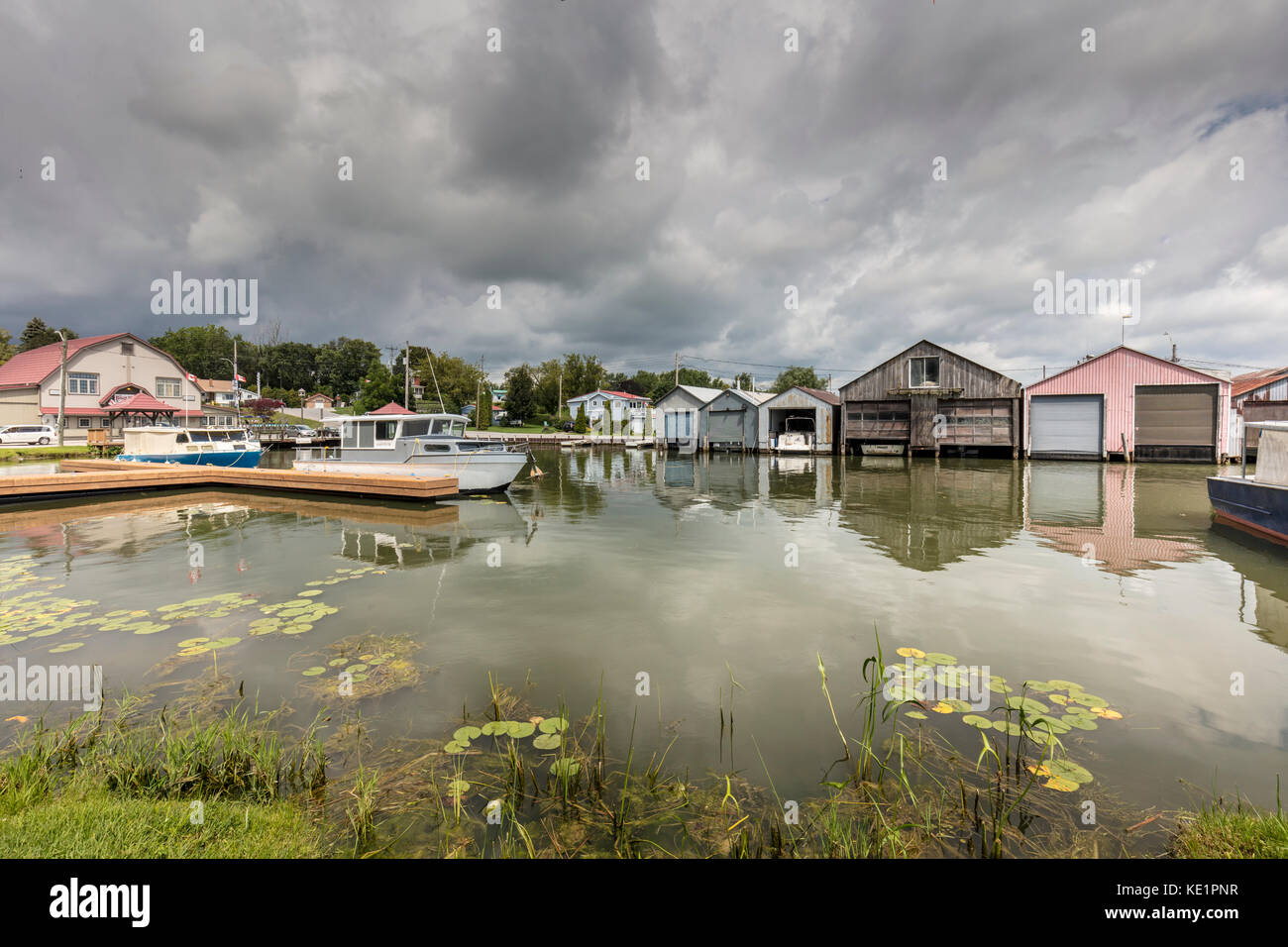 Boathouses on Long Point Bay on Lake Erie at Port Rowan, Ontario Stock