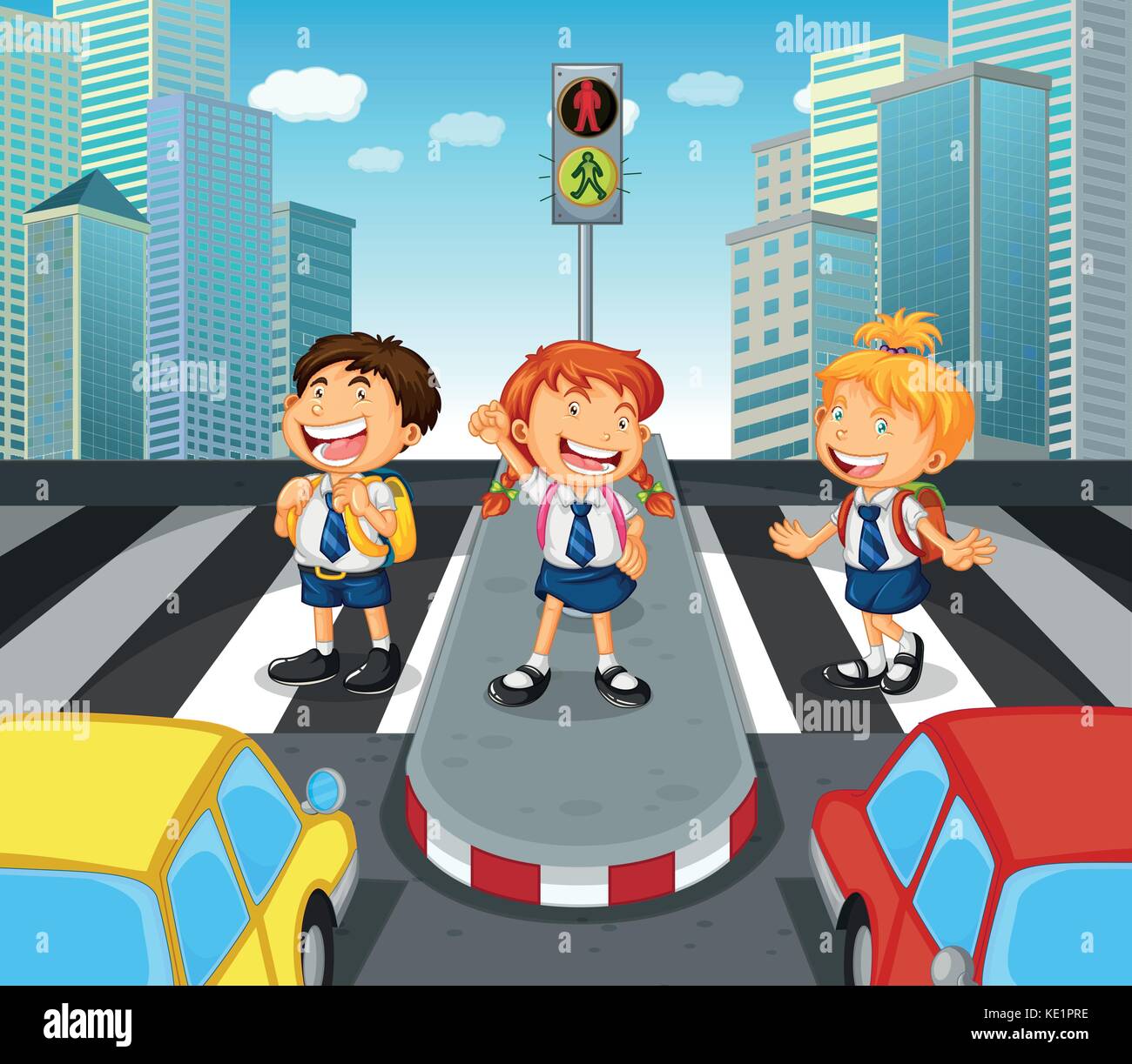 School children crossing road on crosswalk. Zebra crossing. Look right,  look left safety rule. Flat vector illustration template. Stock Vector