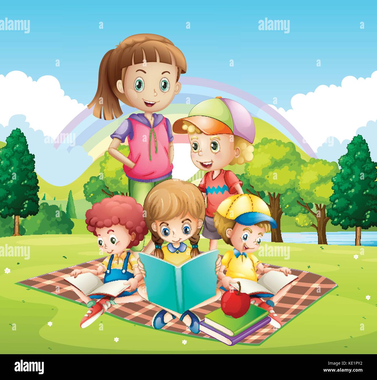 Children reading books in the park illustration Stock Vector Image