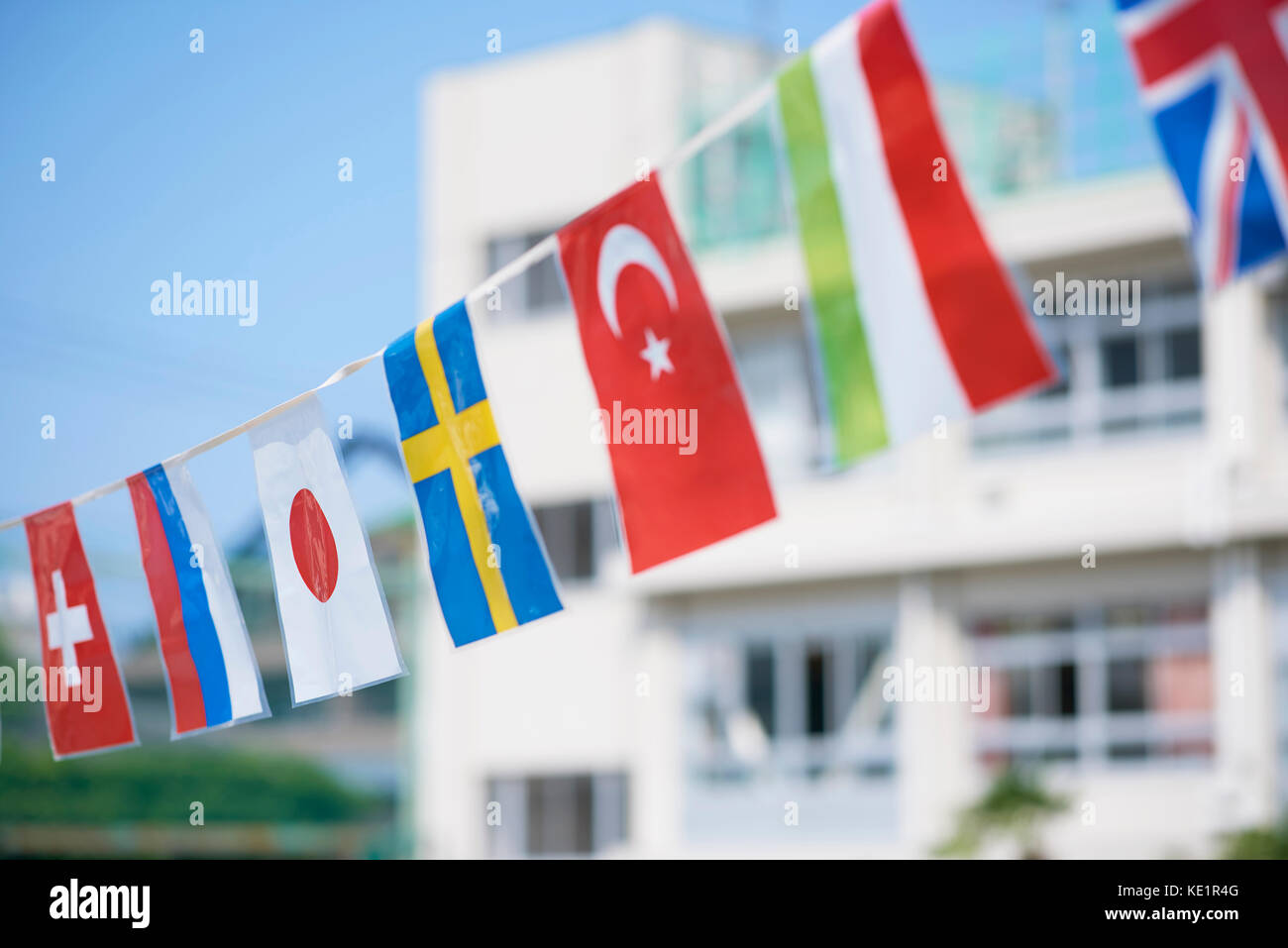 National flags at elementary school Stock Photo