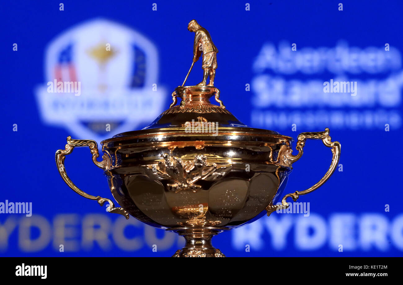 The Ryder cup trophy on display during a media event ahead of the 2018