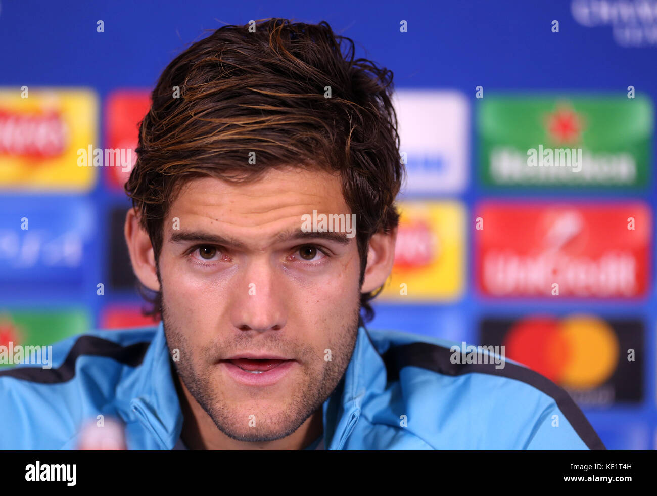 Chelsea's Marcos Alonso during a press cofnerence at Chelsea FC Training Ground, Stoke D'Abernon. Stock Photo
