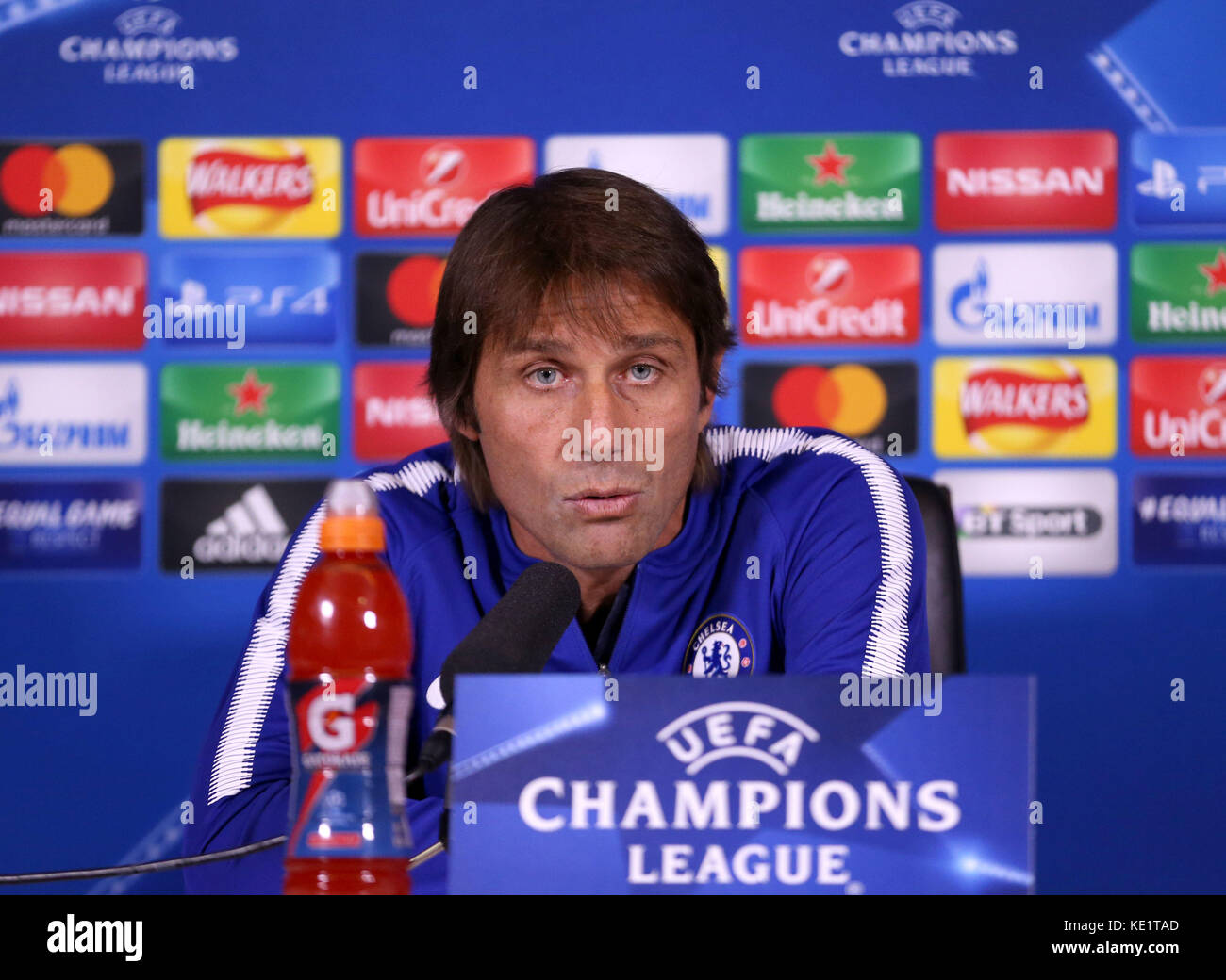 Chelsea manager Antonio Conte during a press cofnerence at Chelsea FC Training Ground, Stoke D'Abernon. Stock Photo