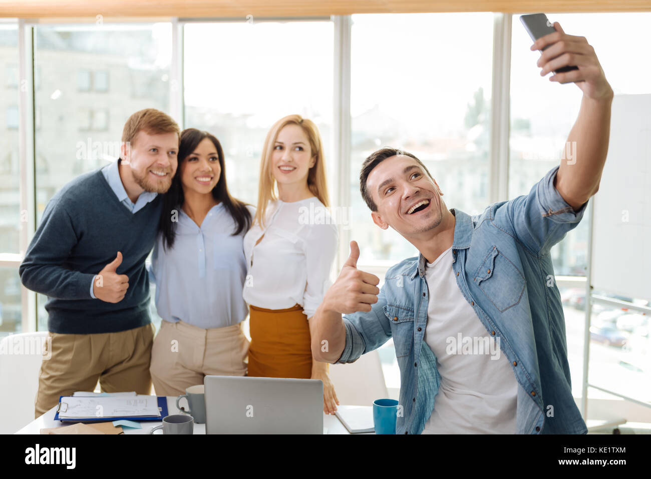 Delighted people posing on selfie camera Stock Photo