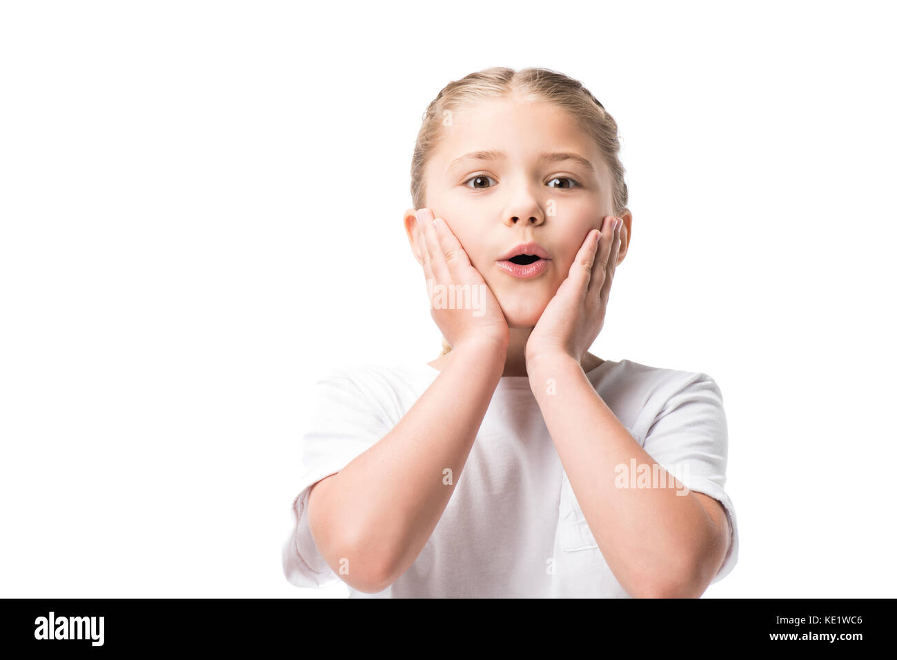 shocked little girl with hands on face looking at camera isolated on ...