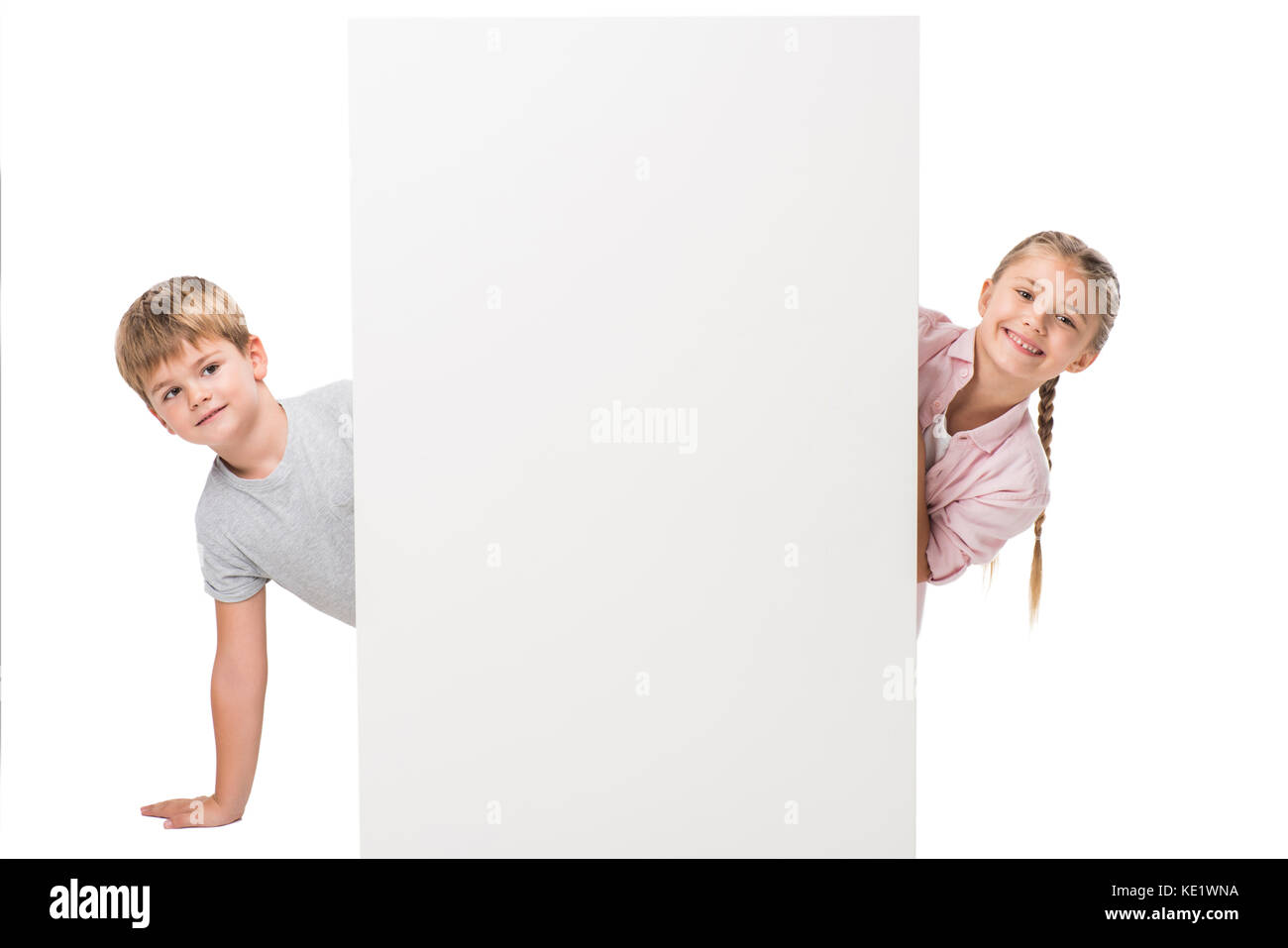 adorable little children holding blank banner isolated on white Stock ...