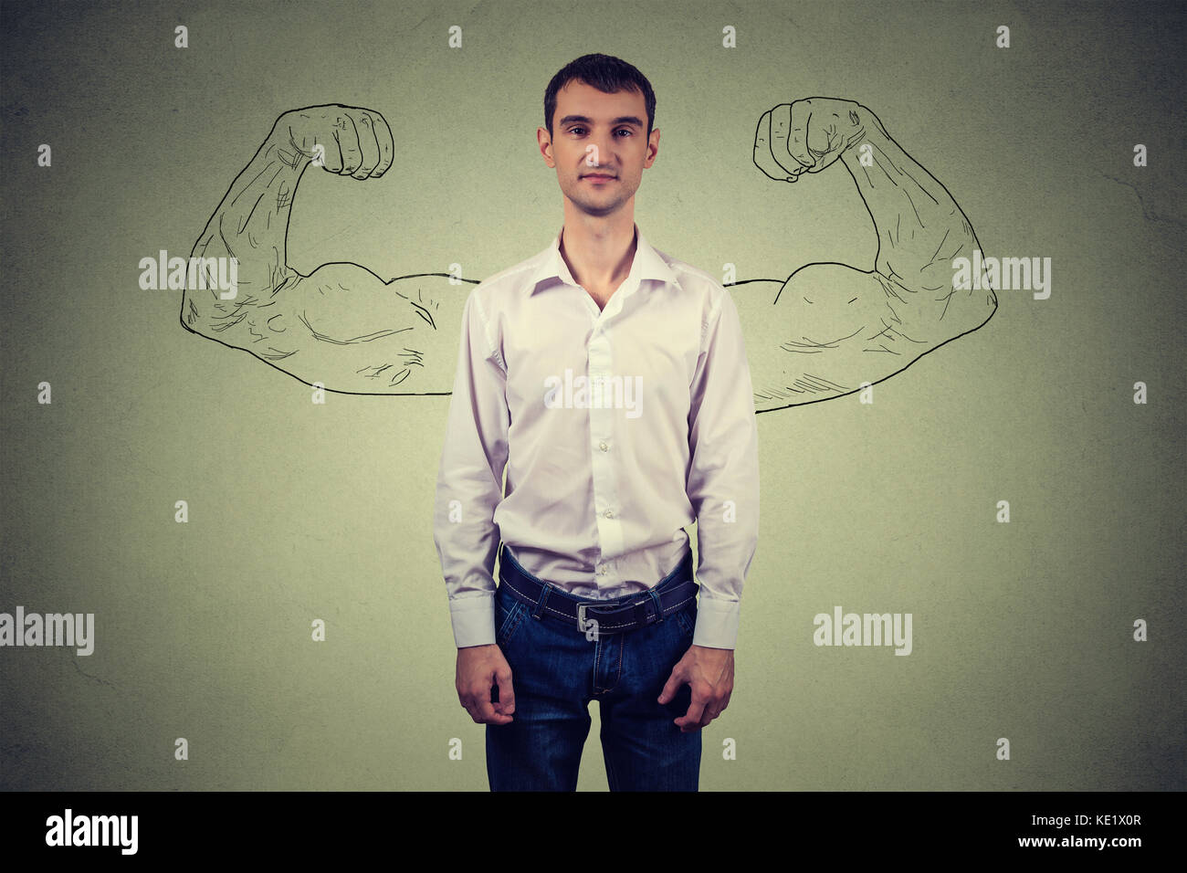 Powerful man reality vs ambition wishful thinking concept. Human face expressions, emotions Stock Photo
