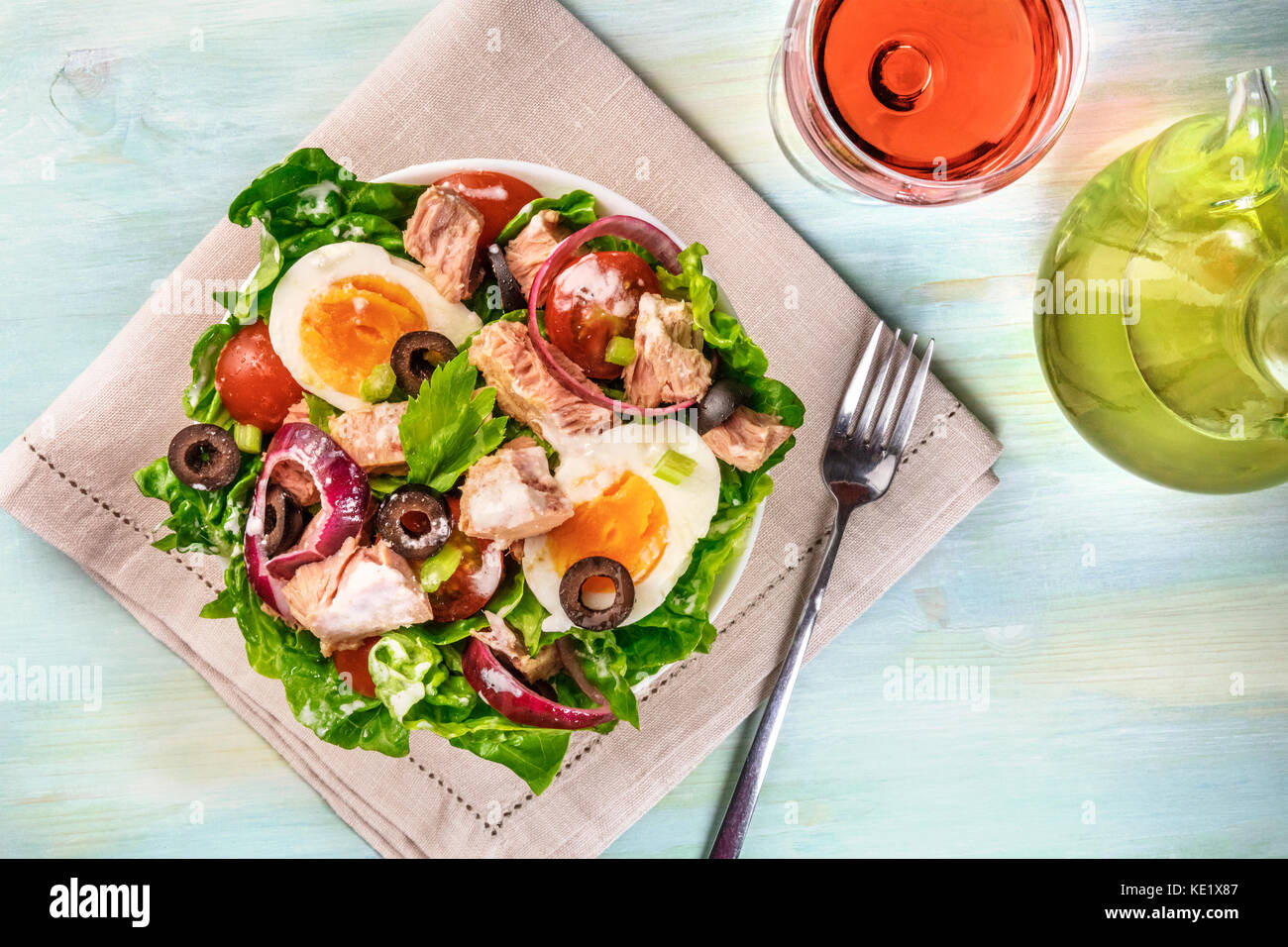 Tuna salad with wine, olive oil, and copy space Stock Photo Alamy