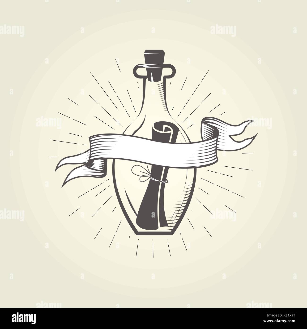 Vintage bottle with SOS message, scroll note Stock Vector