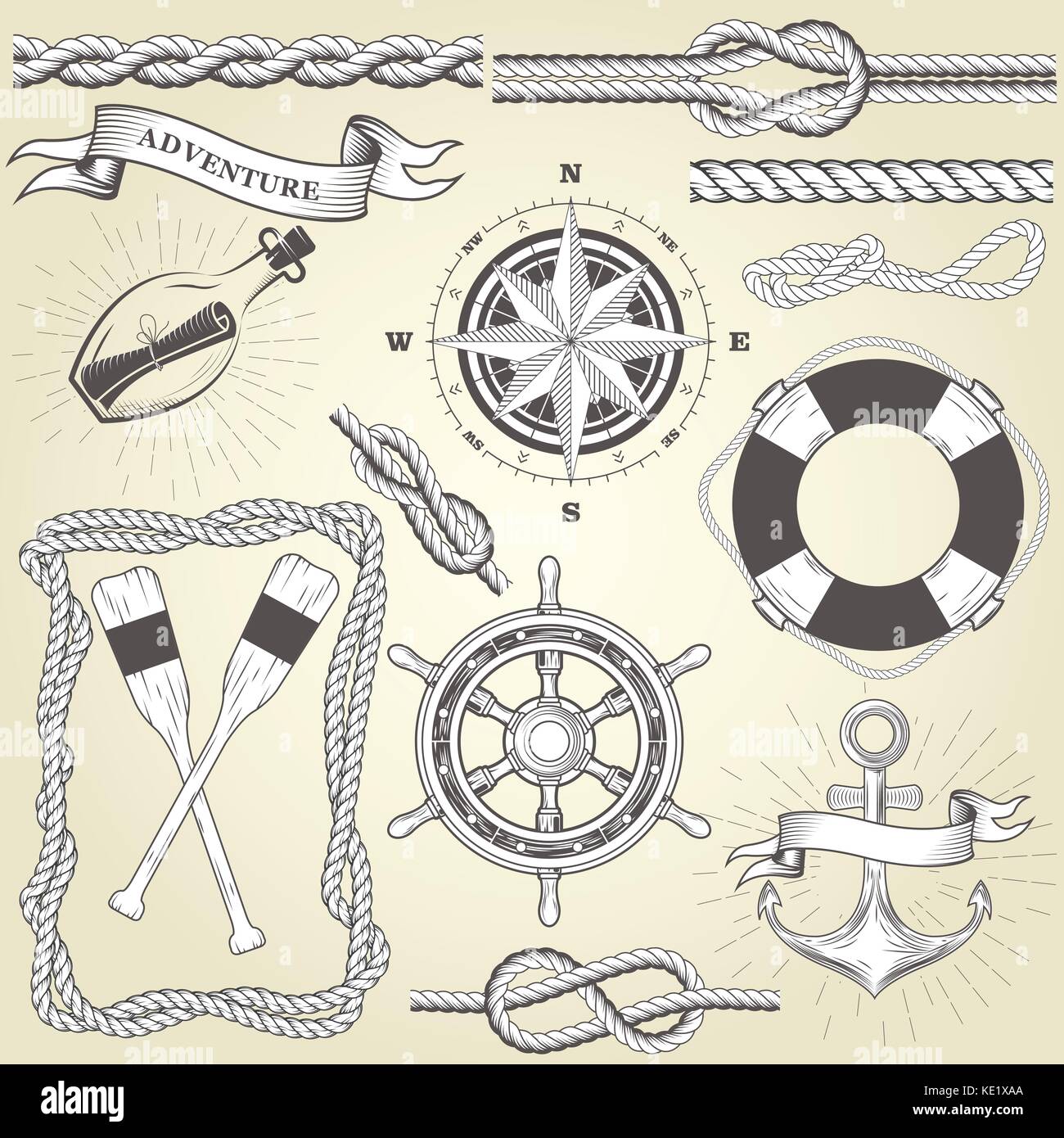 Vintage seafaring elements - steering wheel, oars, rope frame and