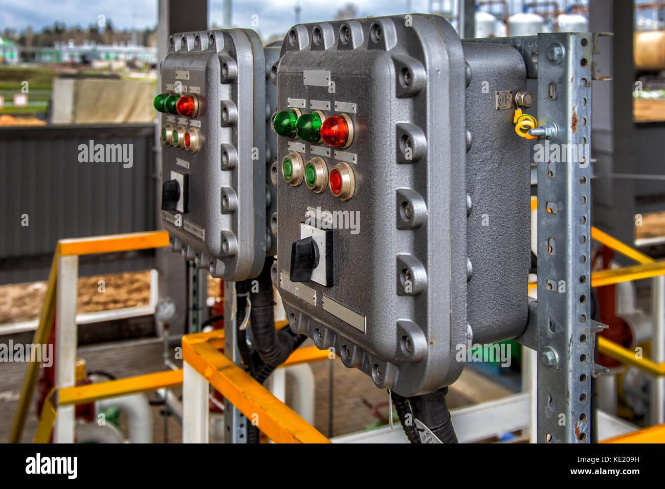 Part of power plant control panel with switches and lamps Stock Photo ...