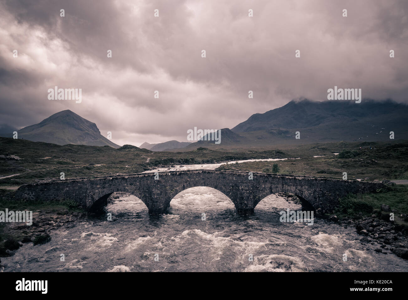 Sligachan bridge with Cuillins Hills on isle of Skye, Scotland. Stock Photo