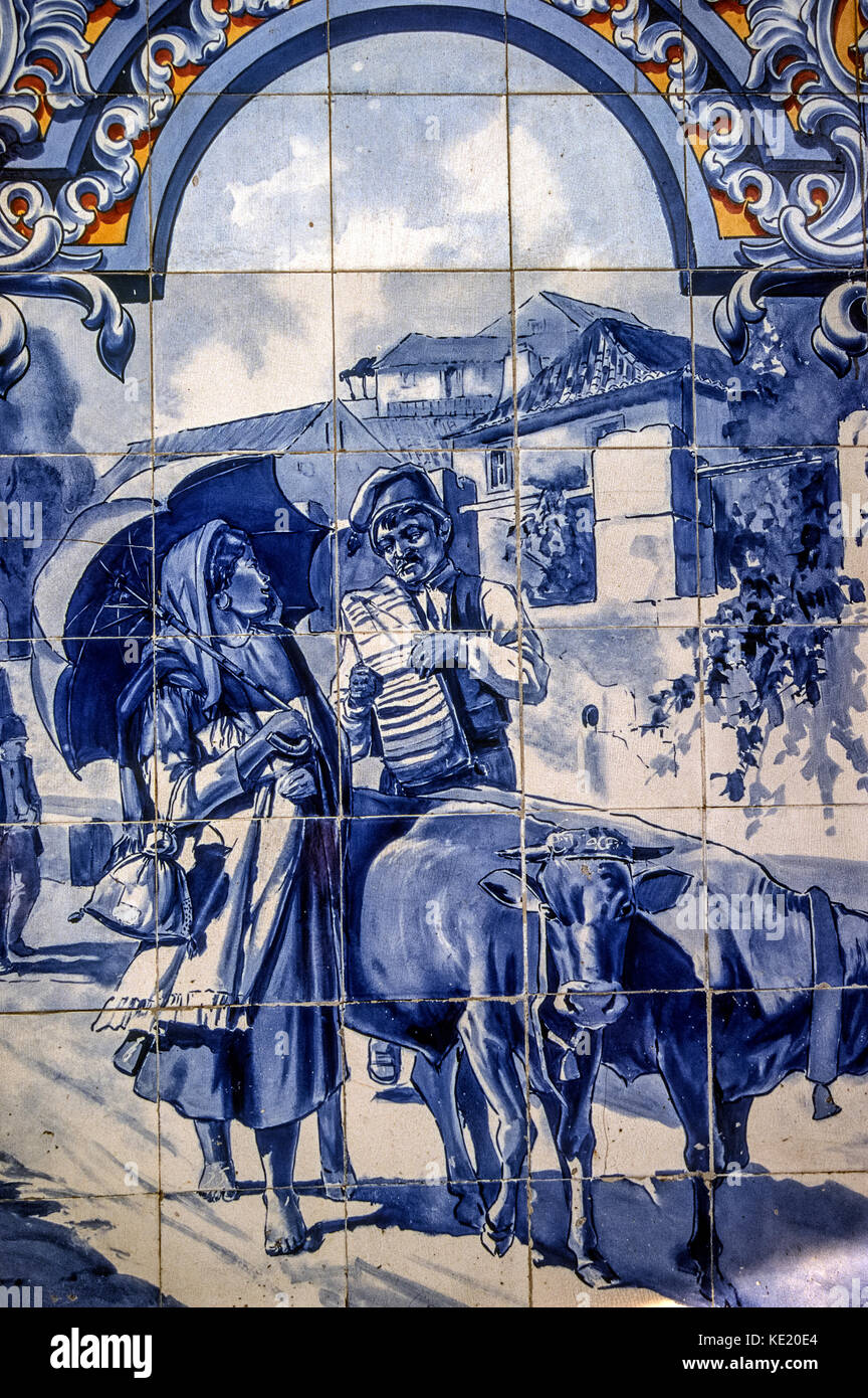 Portugal Ribatejo Santarem azulejos on the wall of the civic market depicting scenes of rural life Stock Photo