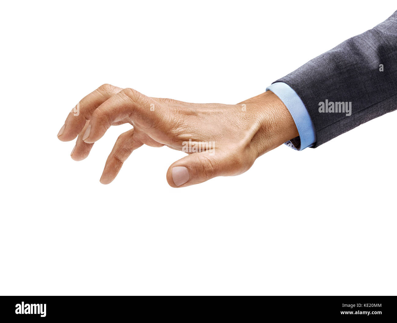 Male hand in a suit reaching for something isolated on white background. Close up. High resolution product Stock Photo