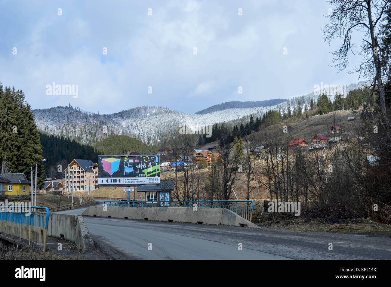 Beautiful winter day in ski resort in caucasian mountains, Bukovel, Ukraine Stock Photo
