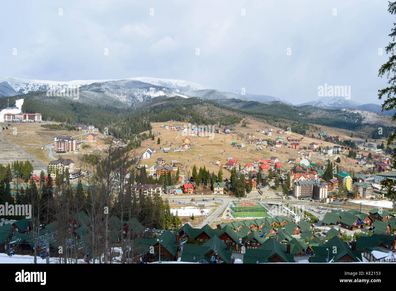 Beautiful winter day in ski resort in caucasian mountains, Bukovel, Ukraine Stock Photo