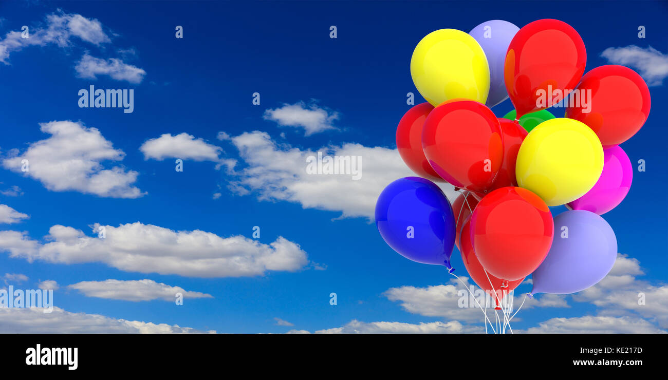 group-of-colorful-party-balloons-on-blue-sky-background-3d