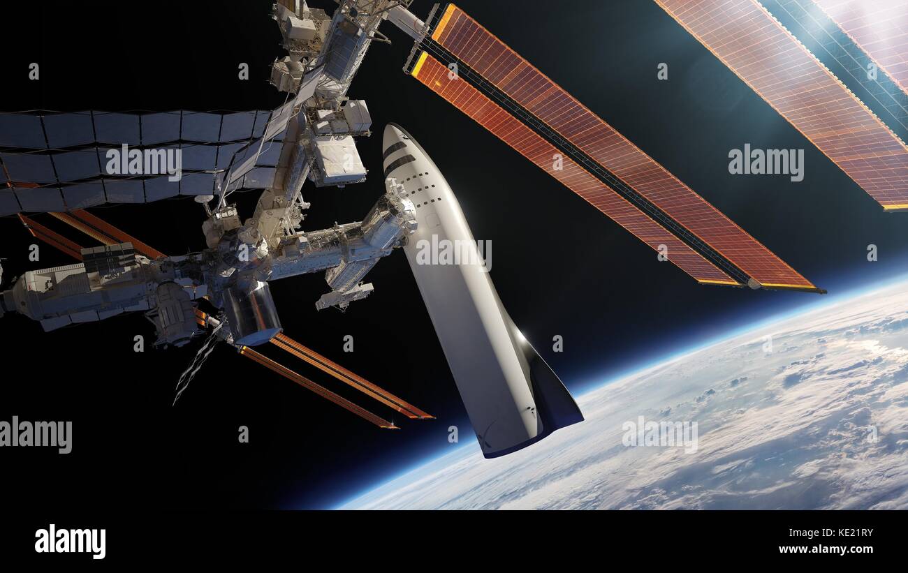 Artists concept illustration of the SpaceX Interplanetary Transport System known as the BFR docked at the International Space Station. SpaceX plans on deploying the multi-purpose rocket for journeys to the Moon, Mars and as a transport system on Earth. Stock Photo